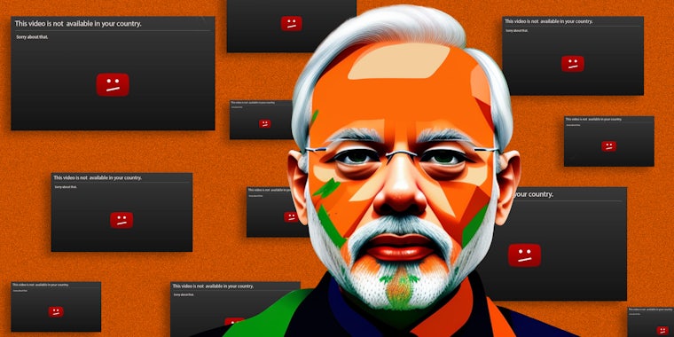 Narendra Modi Prime Minister of India in front of YouTube screens that read 'This video is not available in your country'