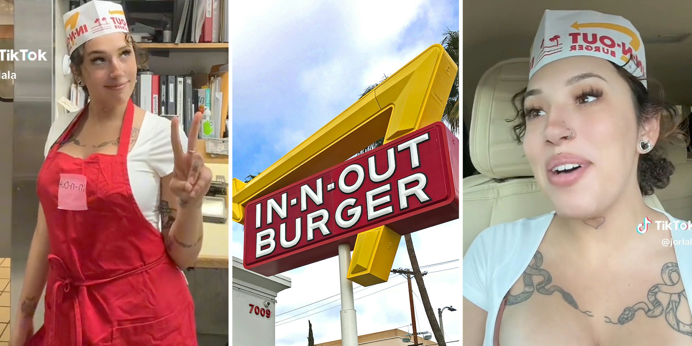 Woman in In-n-Out costume(l), In-n-out Burger sign(c), Same woman talking(r)