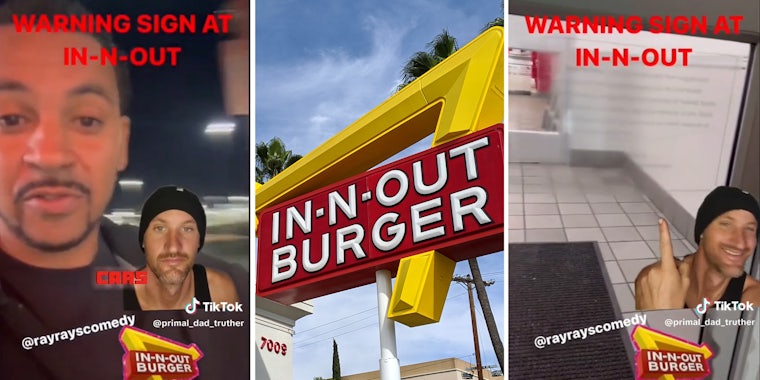 Man at In-n-out(l), In-n-out sign(c), Invisible sign(r)
