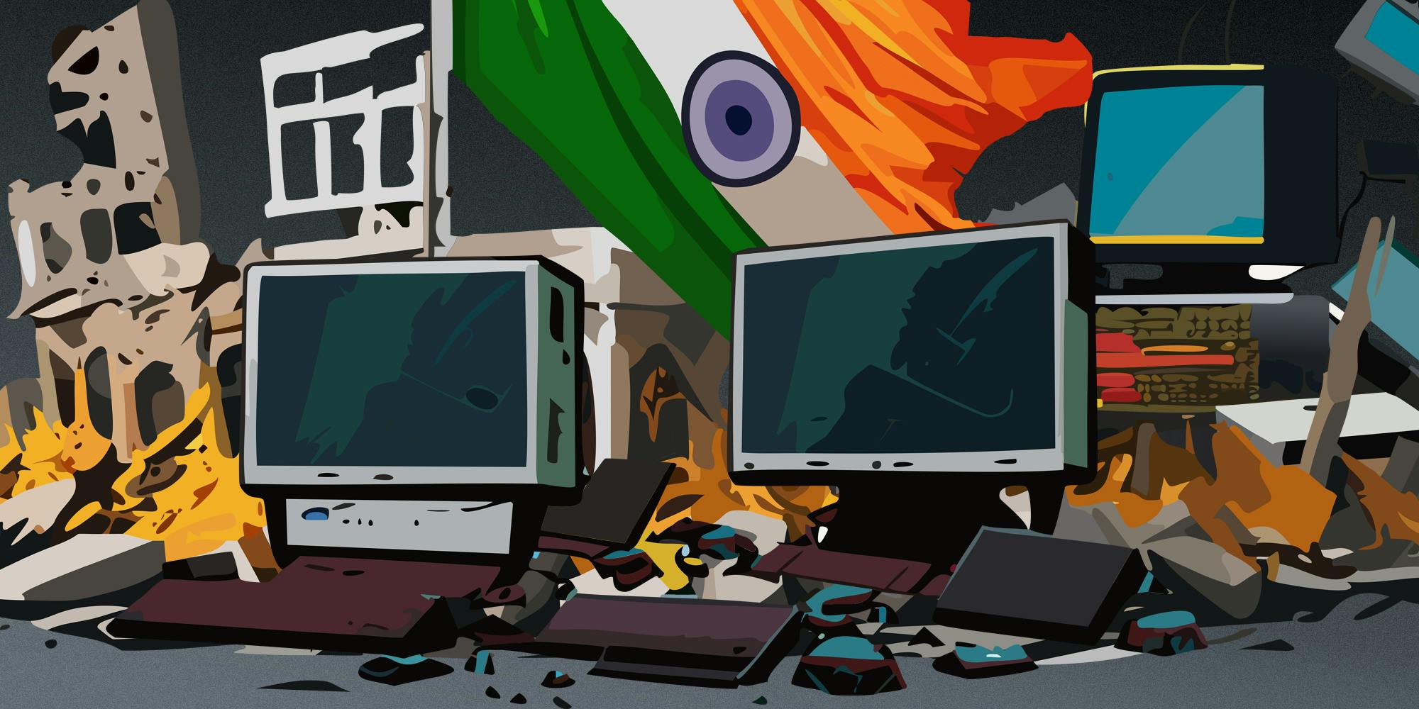 broken computers with indian flag