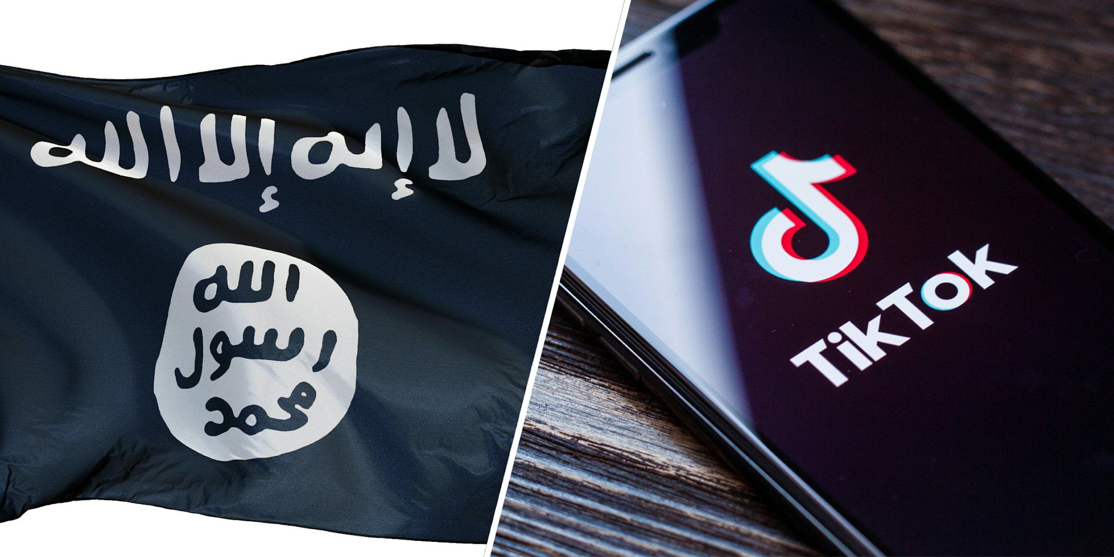 Isis flag(l), Tiktok app on phone(r)