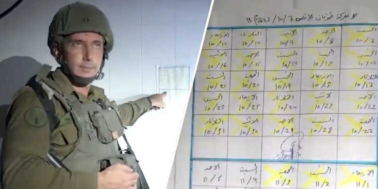 Soldier pointing to calendar(l), Close up of calendar(R)