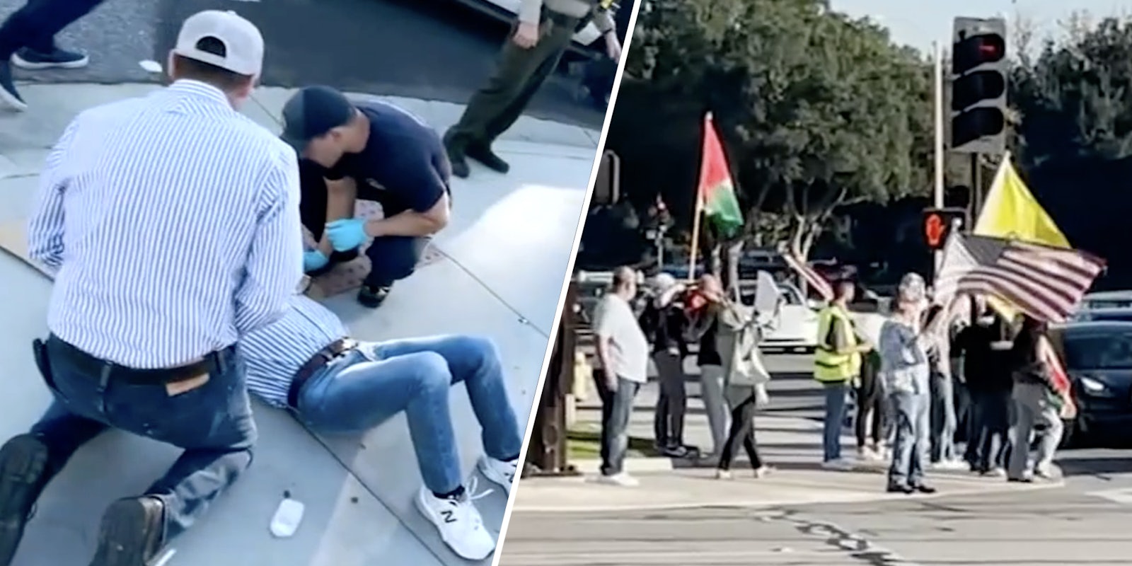 Man on ground being helped(l), Protesters(r)