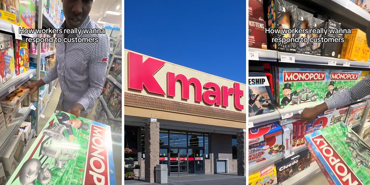 Kmart worker and shopper with caption "How workers really wanna respond to customers" (l) Kmart building with sign (c) Kmart worker and shopper with caption "How workers really wanna respond to customers" (r)