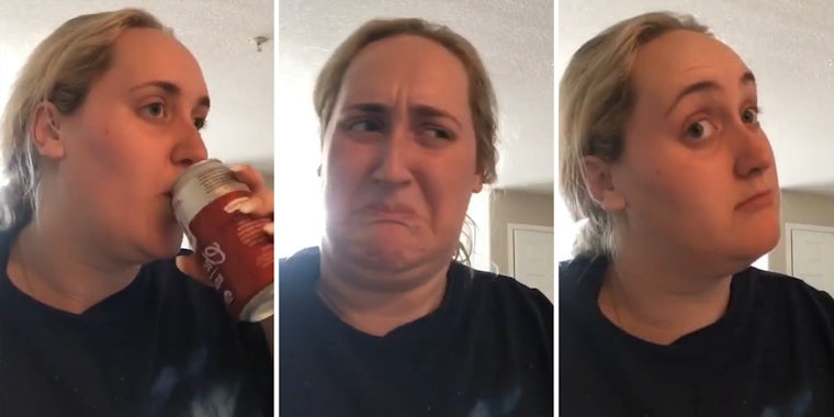 Brittany Tomlinson drinking kombucha(l), Facial reactions(c+r) for kombucha girl meme story