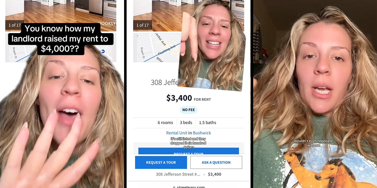 woman greenscreen TikTok over apartment listing with caption "You know how my landlord raised my rent to $4,ooo??" (l) woman greenscreen TikTok over apartment listing with caption "it's still listed they dropped it by $600 dollars" (c) woman speaking with caption "wouldn't even negotiate with me" (r)
