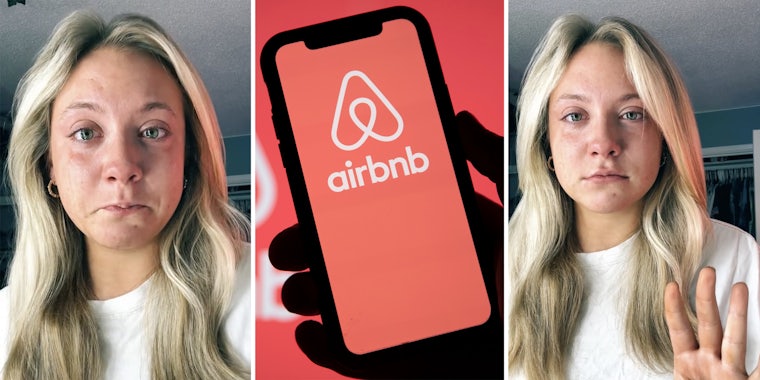 Woman crying(L), Hand holding phone with Airbnb open(c), same woman holding up her hand(r)