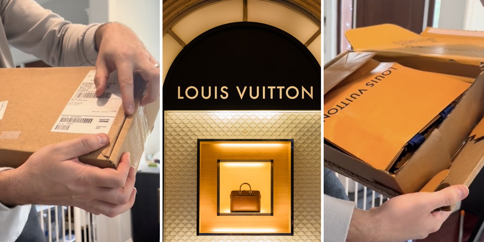 Man opening box(l+r), Louis Vuitton storefront(c)