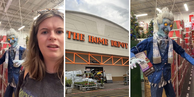 Home Depot customer speaking next to Christmas animatronic decor (l) Home Depot building with sign (c) Home Depot Christmas animatronic decor (r)