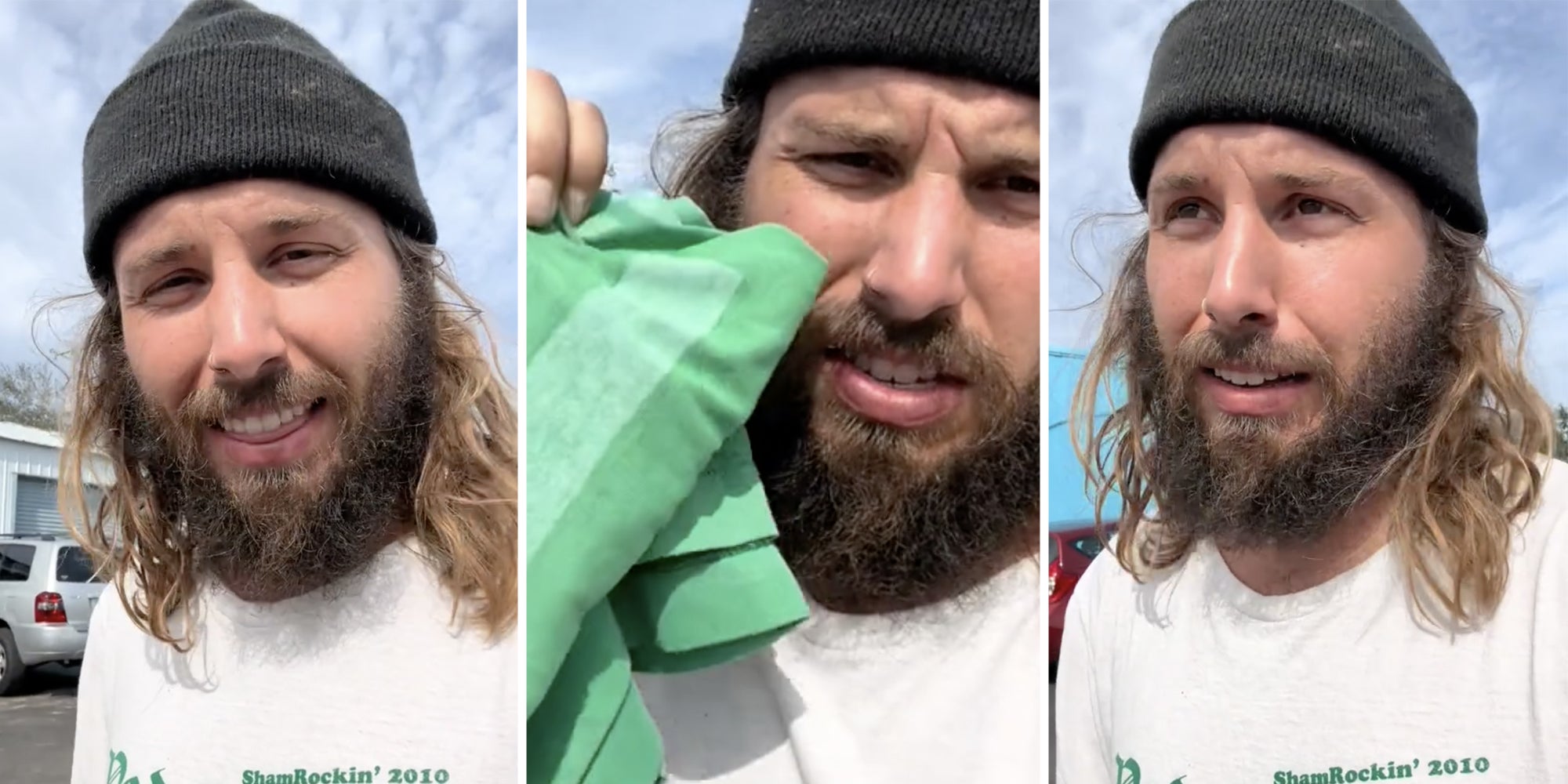 Man talking and holding shirt(three split)