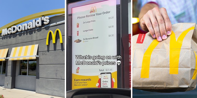 McDonald's building with sign (l) Mc Donald's drive thru screen showing total with caption 'What is going on with McDonald's prices' (c) McDonald's worker holding bag of food (r)