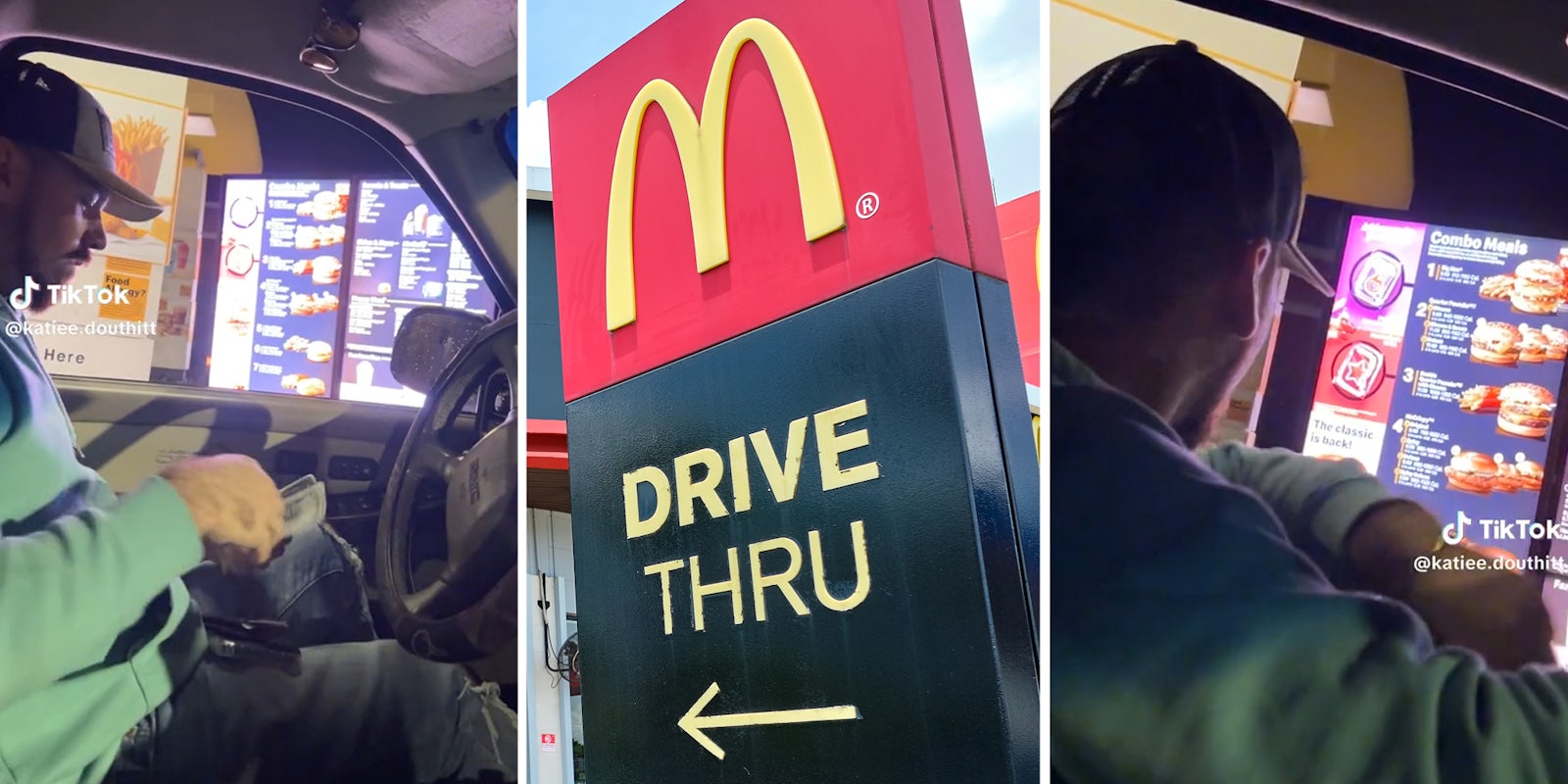 Man in car at drive thru(l+r), McDonalds drive thru(c)