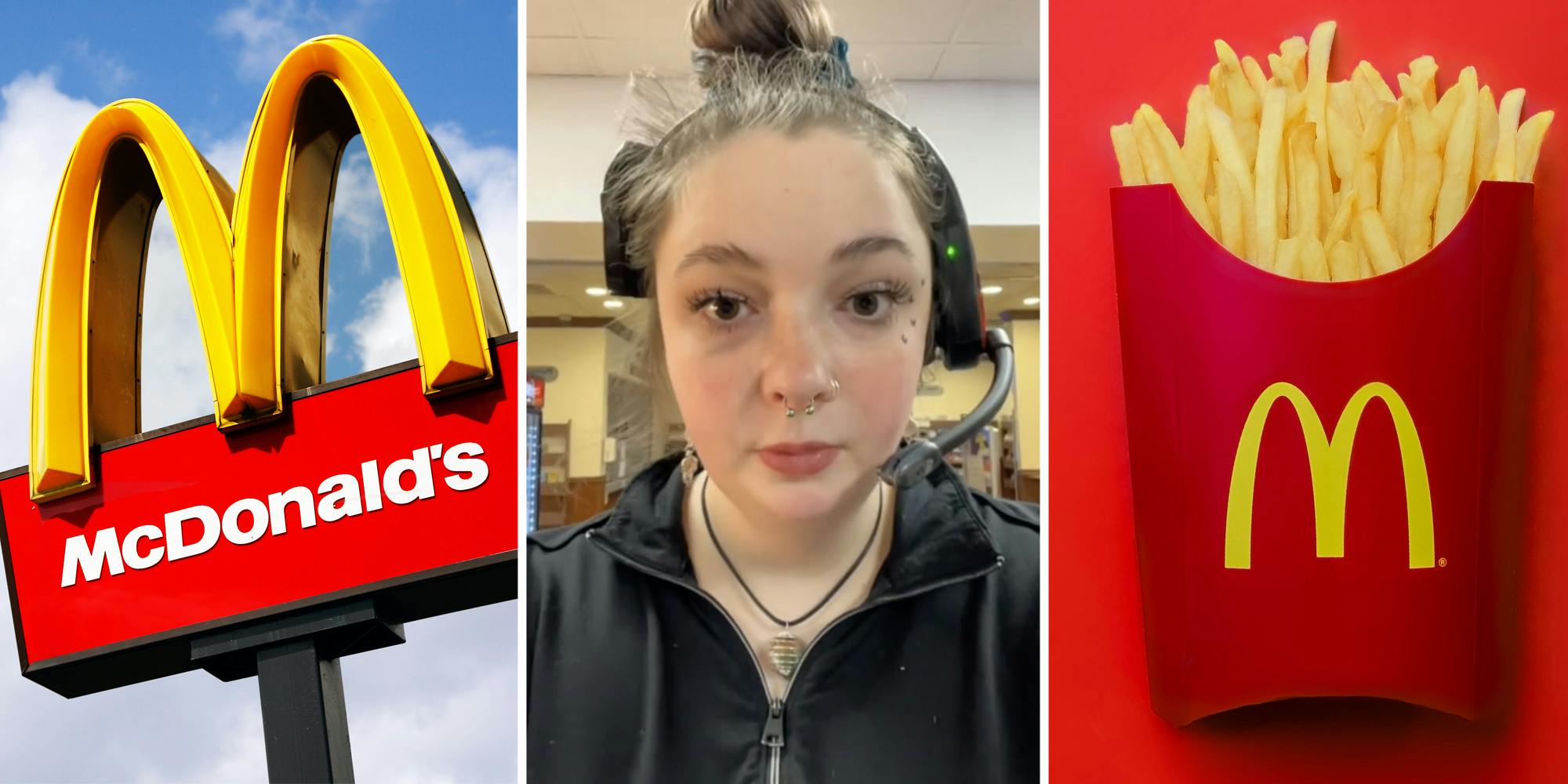 McDonalds arches(l), Worker(c), Fries(r)