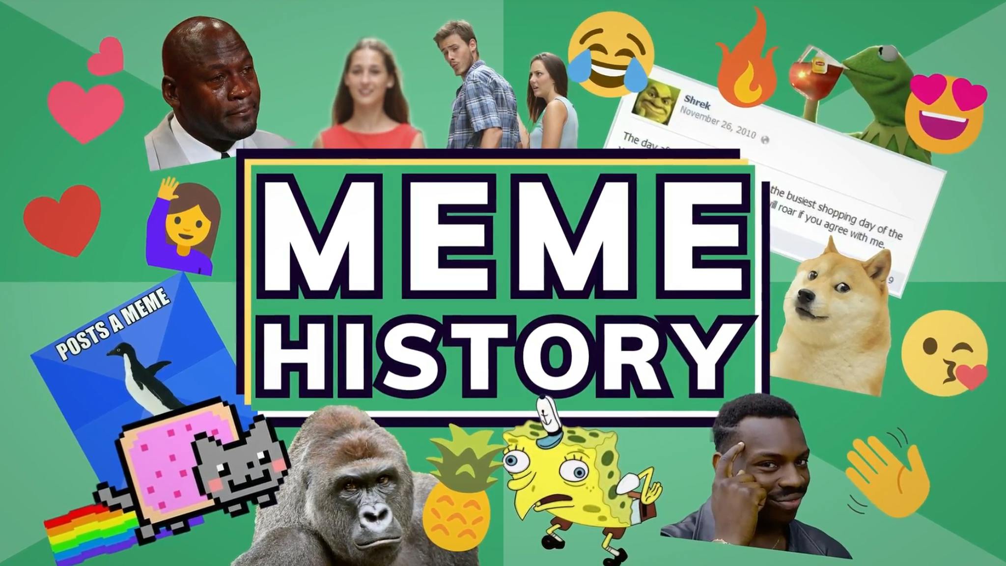 meme history art featuring harambe, crying michael jordan, nyan cat, and more
