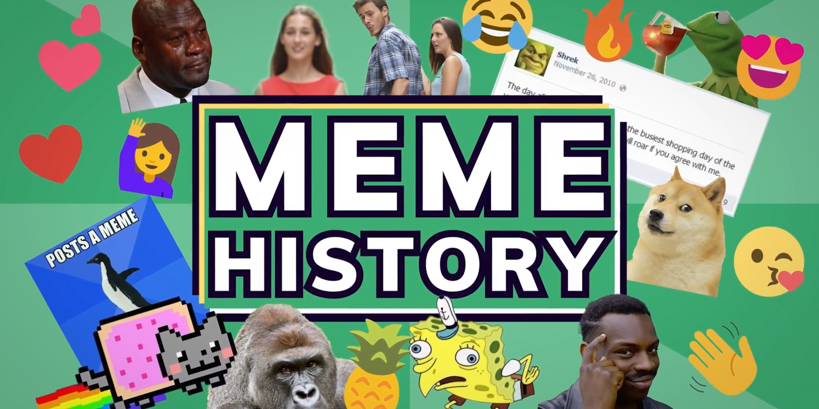 meme history art featuring harambe, crying michael jordan, nyan cat, and more