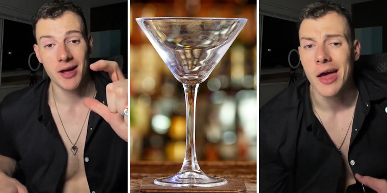 Man talking(l+r), Empty martini glass(c)