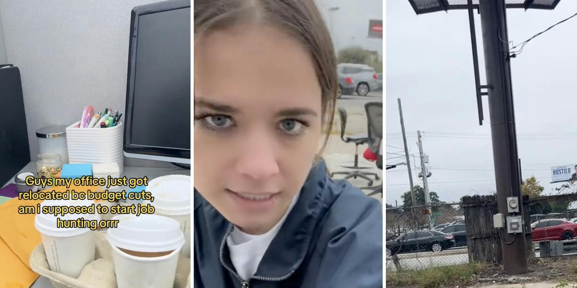 Office desk(l), Girl smiling(c), Parking lot(r)