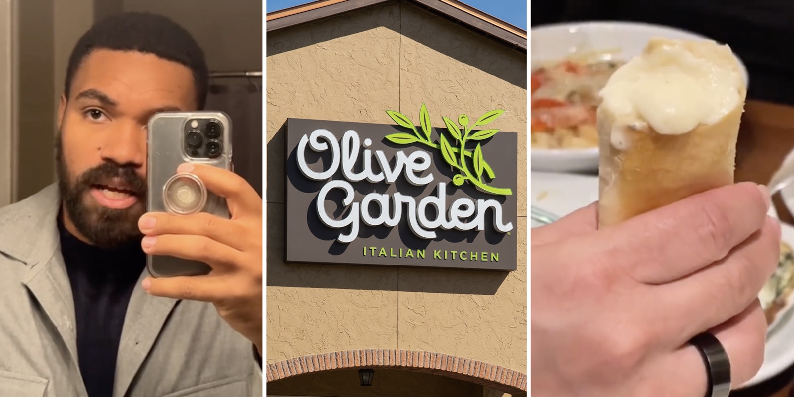 Man talking(l), Olive Garden sign(c), Alfredo breadstick(r)