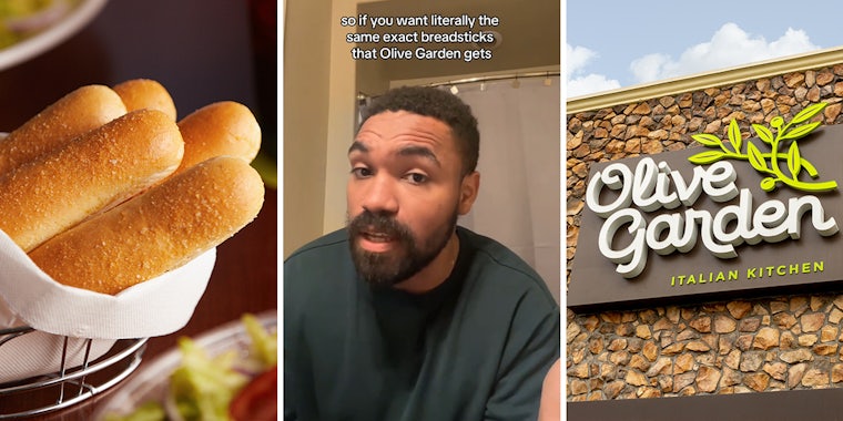 breadsticks in basket (l) man speaking with caption 'so if you want the literally exact breadsticks that Olive Garden gets' (c) Olive Garden sign on building (r)