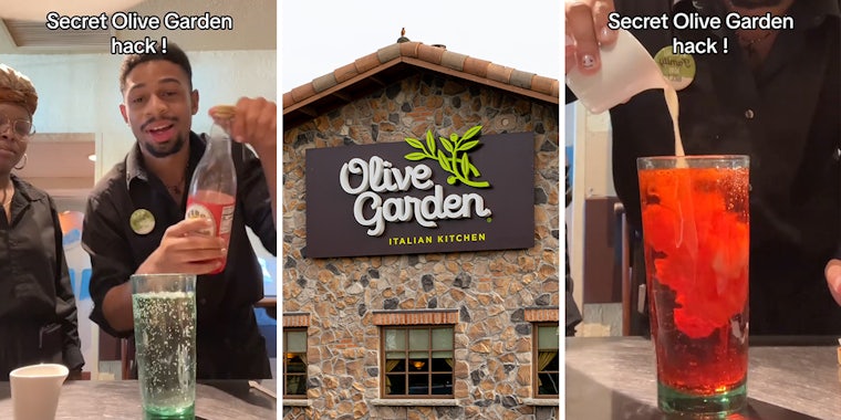 Olive Garden workers with drink in cup with caption 'Secret Olive Garden hack!' (l) Olive Garden building with sign (c) Olive Garden workers pouring liquid into drink in cup with caption 'Secret Olive Garden hack!' (r)