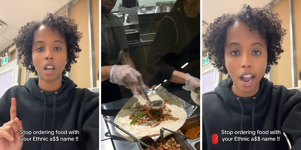woman speaking with caption "Stop ordering food with your Ethnic a$$ name!!" (l) Chipotle worker preparing food (c) woman speaking with caption "Stop ordering food with your Ethnic a$$ name!!" (r)