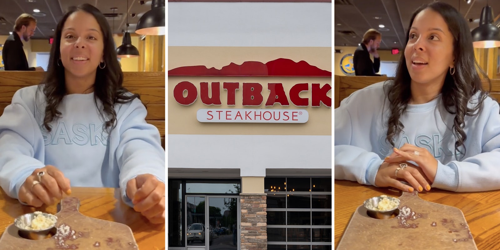 Woman smiling with cutting board(l+r), Outback Steakhouse storefront(c)