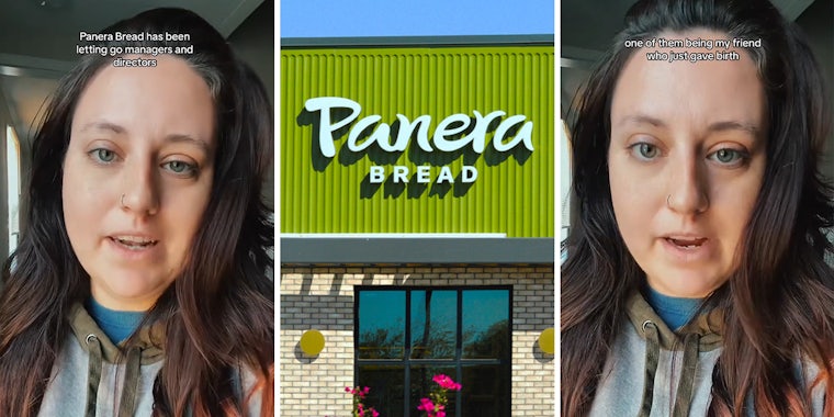 woman speaking with caption 'Panera Bread has been letting go managers and directors' (l) Panera Bread building with sign (c) woman speaking with caption 'one of them being my friend who just gave birth' (r)
