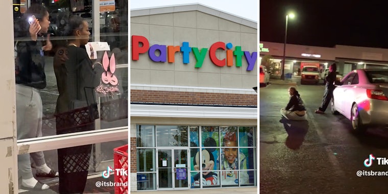 Shoplifters caught(l), Party city storefront(c), Shoplifters by car(r)