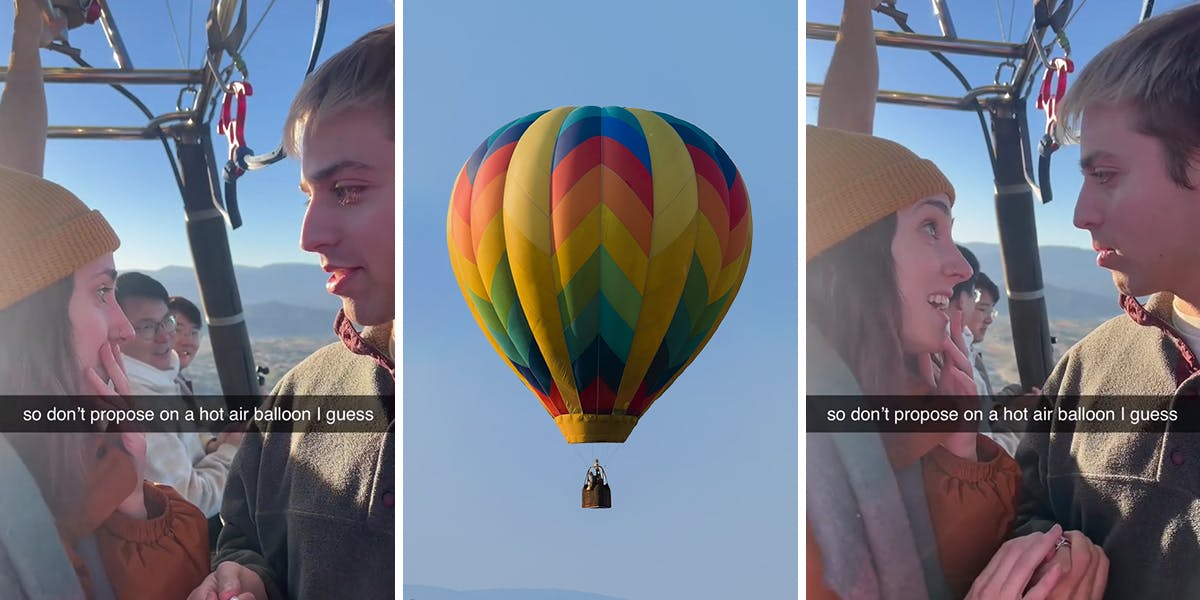 man proposing to girlfriend on hot air balloon with caption "so don't propose on a hot air balloon I guess" (l) hot air balloon in blue sky (c) man proposing to girlfriend on hot air balloon with caption "so don't propose on a hot air balloon I guess" (r)