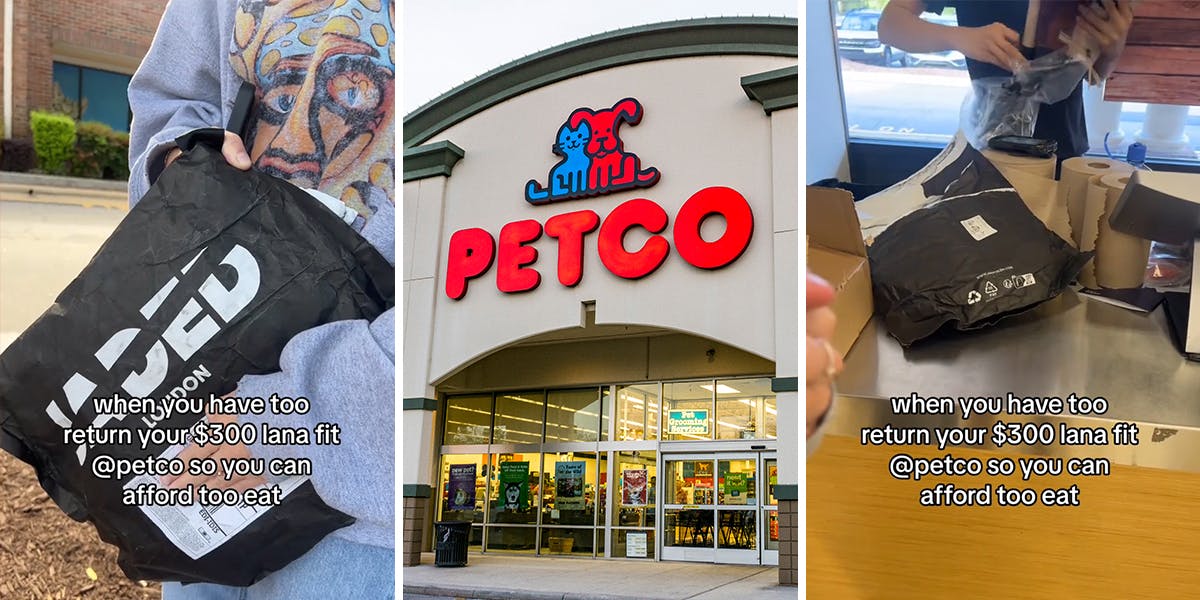 woman holding Jaded London bag with caption "when you have to return your $300 lana fit @petco so you can afford to eat" (l) Petco building with sign (c) Petco worker holding Jaded London bag with caption "when you have to return your $300 lana fit @petco so you can afford to eat" (r)