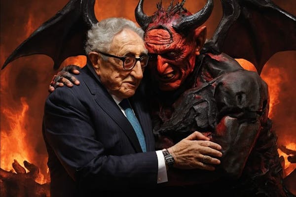 Henry Kissinger and Satan embrace in Hell