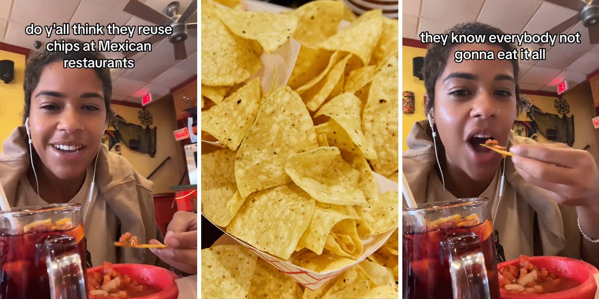 Mexican restaurant customer eating chips and speaking with caption "do y'all think they reuse chips at Mexican restaurants" (l) tortilla chips (c) Mexican restaurant customer eating chips and speaking with caption "they know everybody not gonna eat it all" (r)