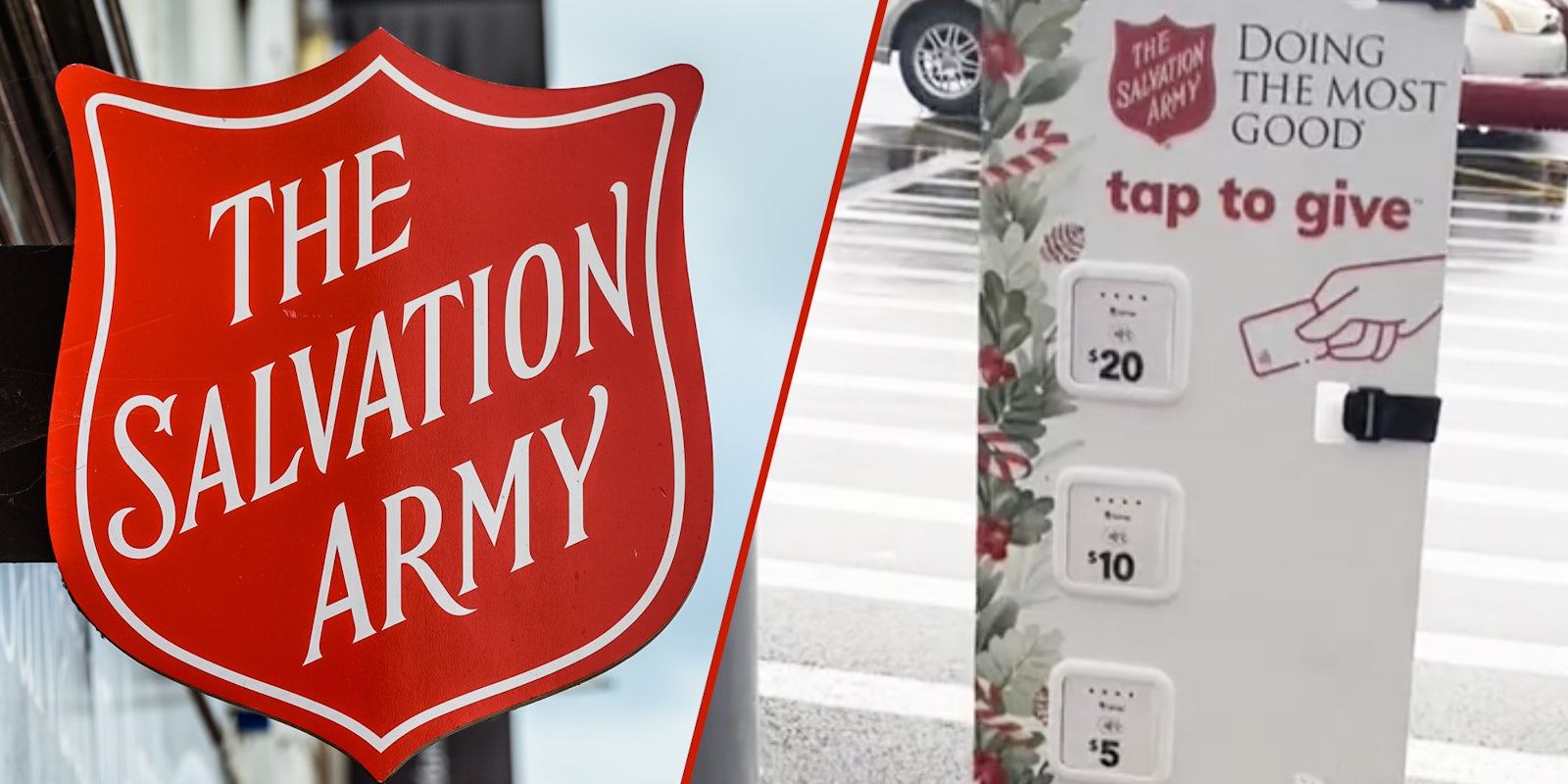 The Salvation Army sign(l), Donation sign(r)