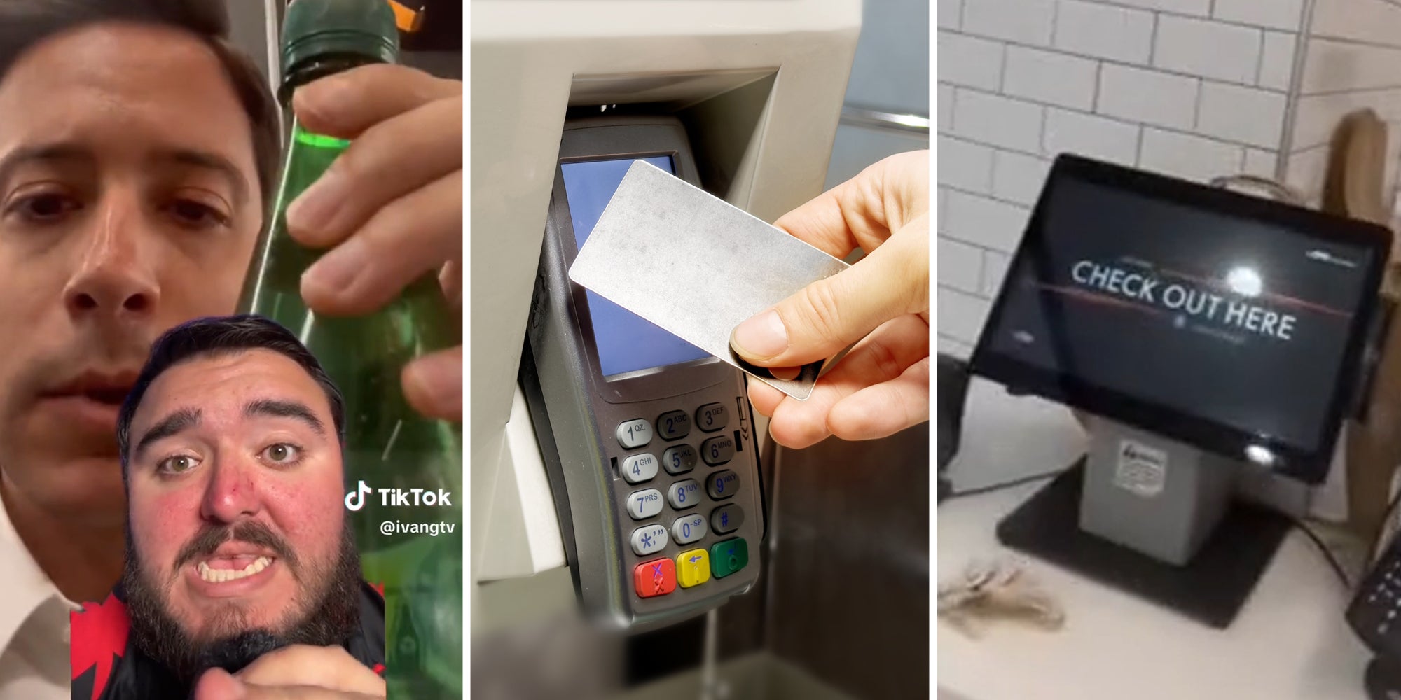 Man in front of man holding up perrier bottle(l), Hand at checkout(c), Check out kiosk(r)