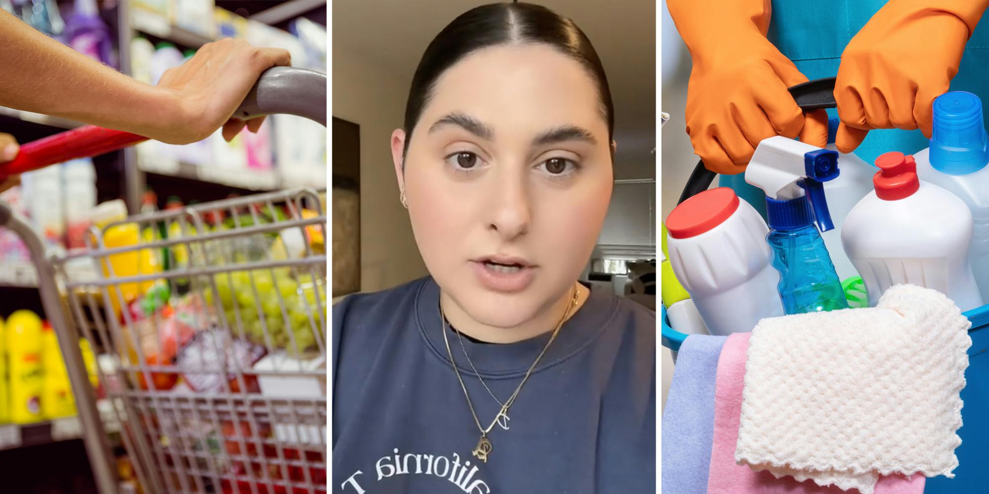 Hand pushing shopping cart(l), Woman talking(c), Hand holding bucket of cleaning products(r)