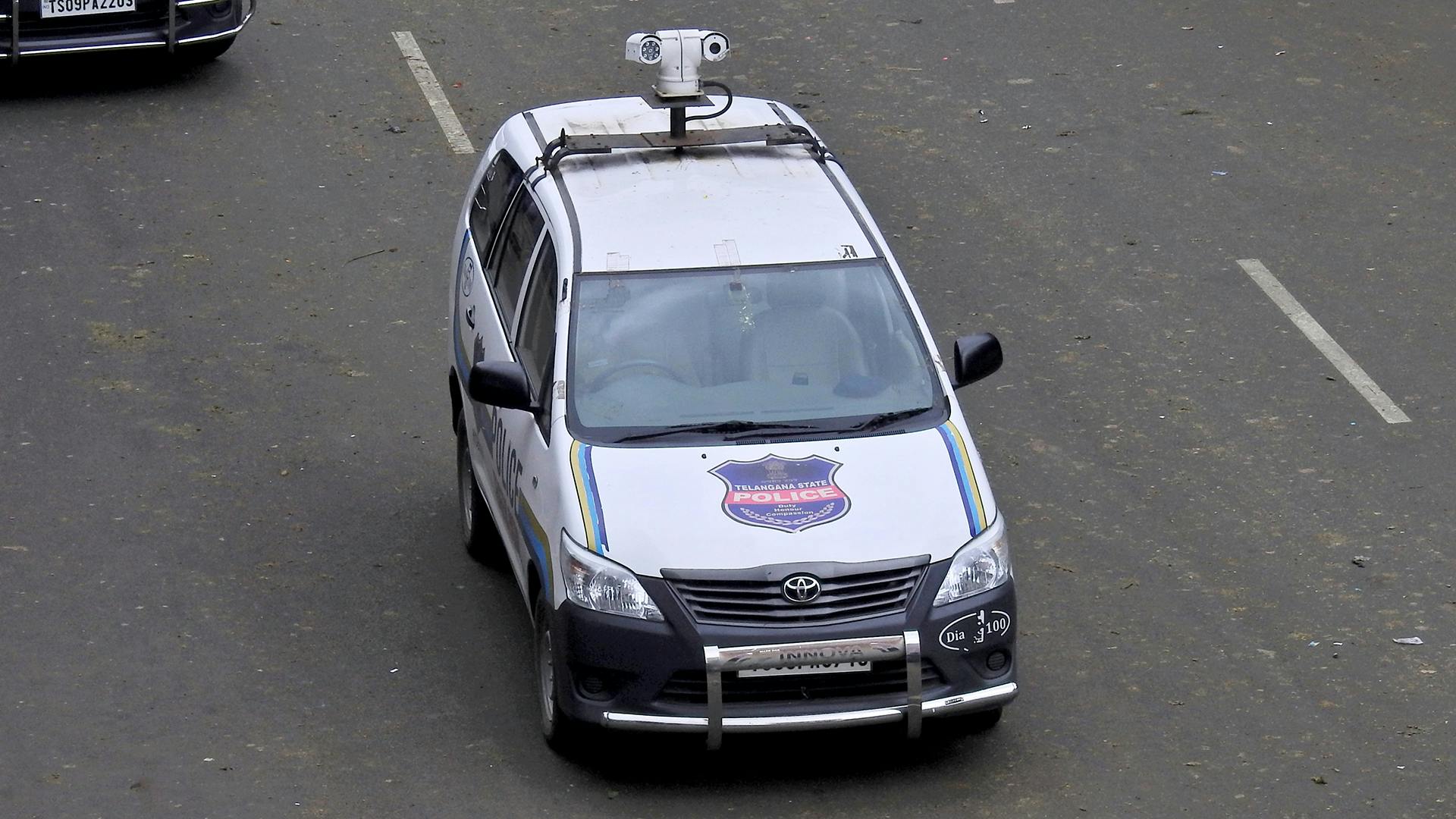 Police car mounted with CCTV cameras following God Ganesha Idol immersion festival procession, for law and order control on September 12,2019 in Hyderabad