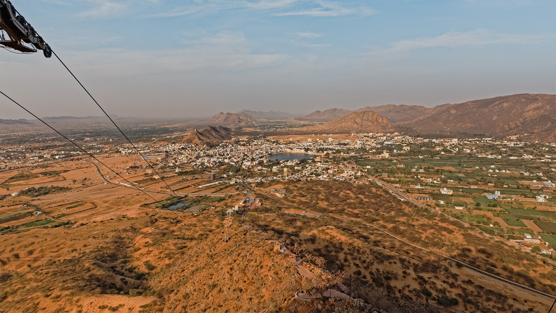 Beautiful view of Pushkar and surrounding hills from Savitri Mata ropeway in Rajastan India.