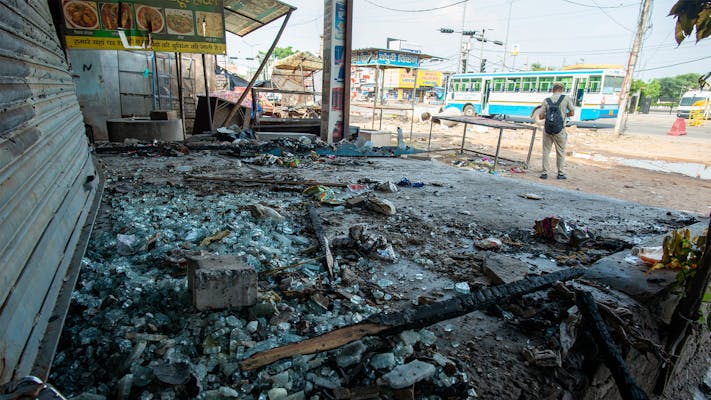 Sohna, Haryana, India-August 3 2023: vandalized and burnt shops along Ambedkar chowk in Sohna after communal violence, Communal clashes broke out in the predominantly muslim Nuh district of Haryana.