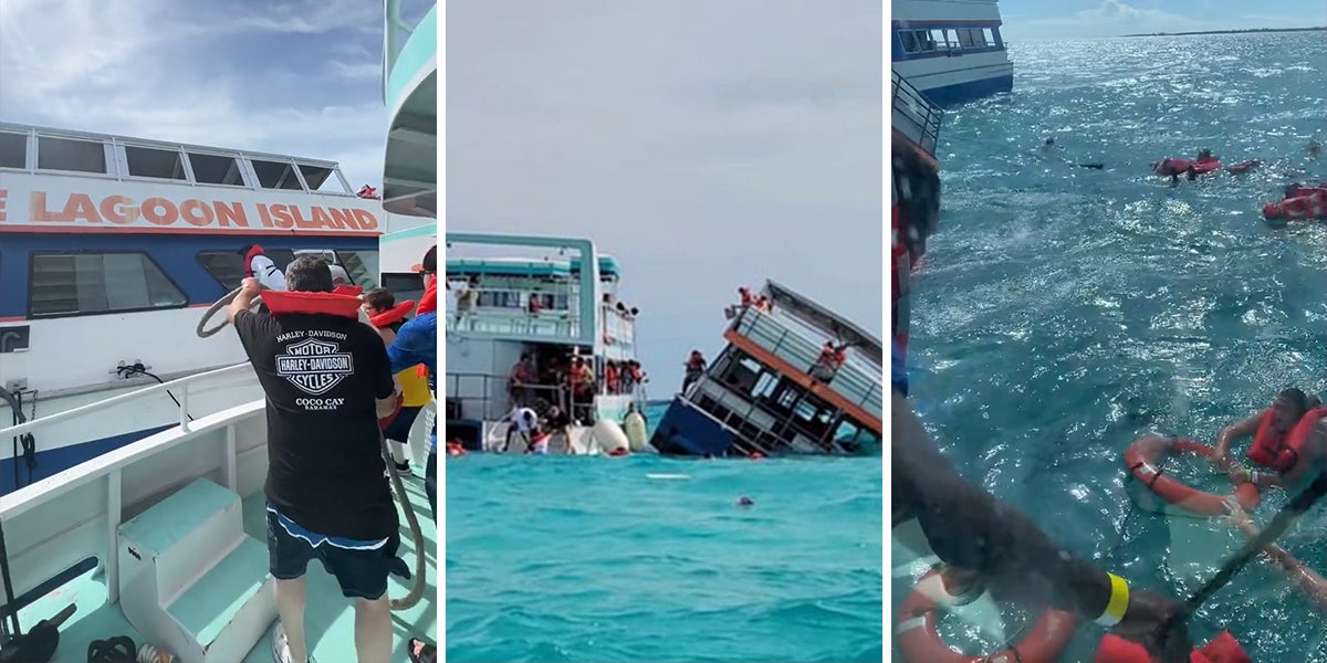 people on boat helping people on sinking boat (l) boat of people helping people on sinking boat (c) person on boat helping people in the water with lifejackets on (r)