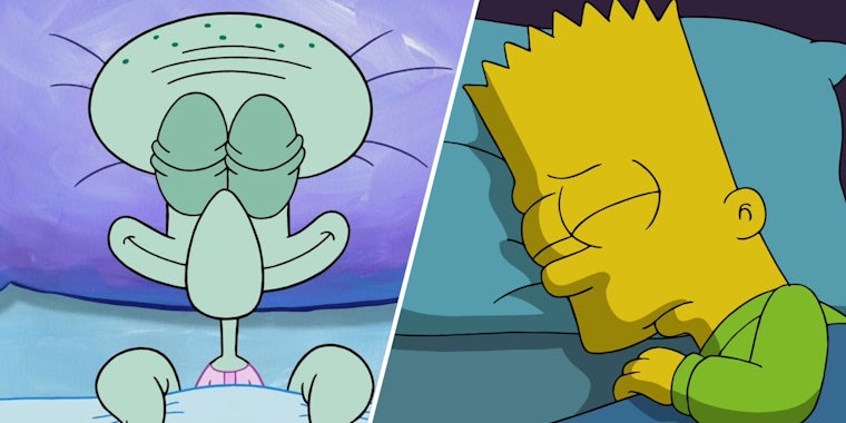 sleep memes: Squidward sleeping(l), Bart Simpson sleeping(r)