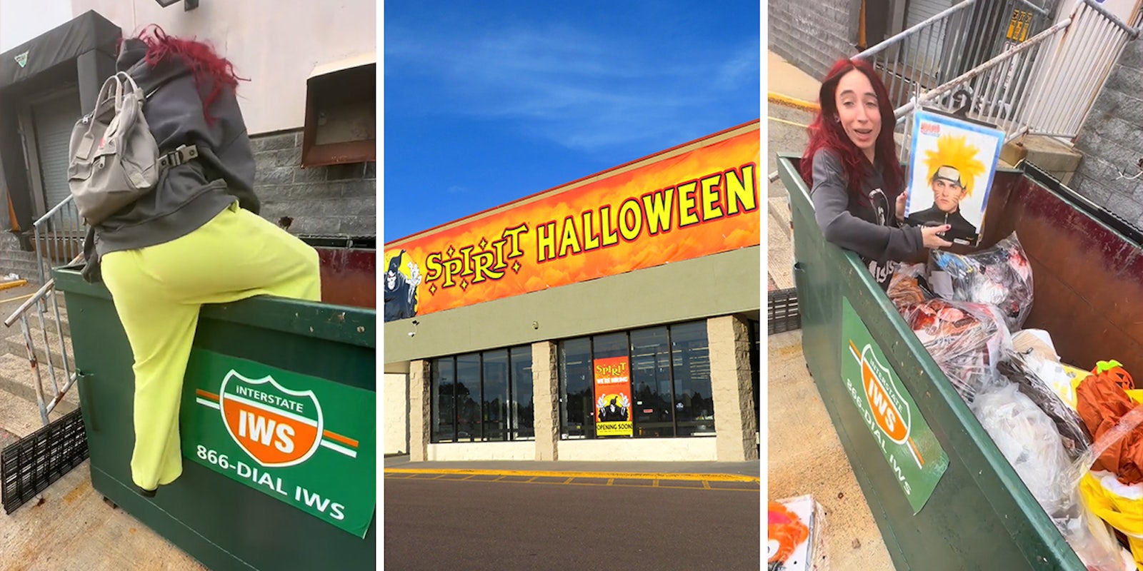 woman jumping into dumpster (l) Spirit Halloween sign on building (c) woman in dumpster holding Naruto wig (r)