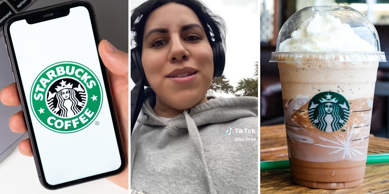 Hand holding phone with starbucks app(l), Woman talking(c), Starbucks frozen drink(r)