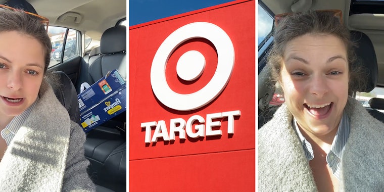 Target customer speaking in car with Pampers box in back seat (l) Target store sign (c) Target customer speaking in car (r)