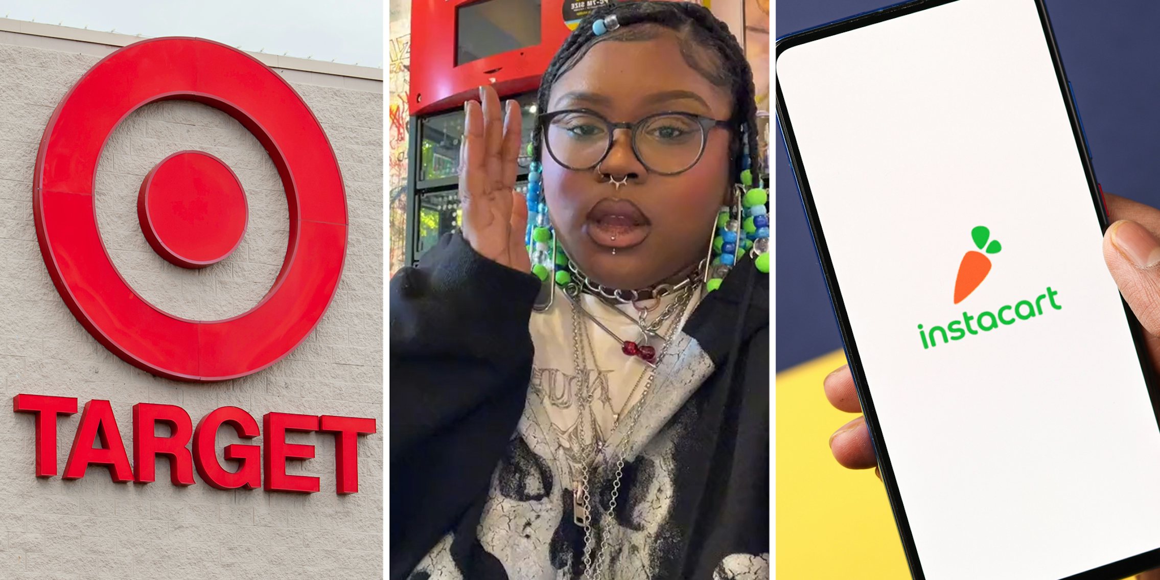 Target storefront(l), Woman talking(c), Hand holding phone with instacart app open(r)