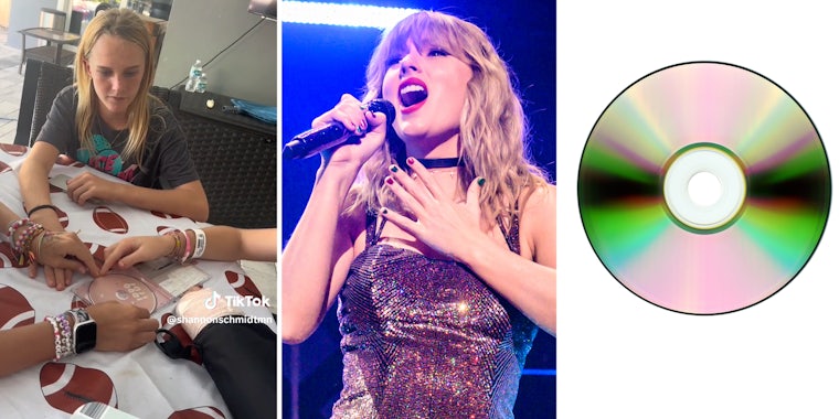People sitting around a cd(l), Taylor Swift singing(c), CD(r)