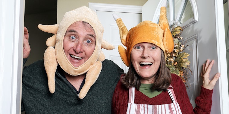thanksgiving memes: Couple wearing turkey hats