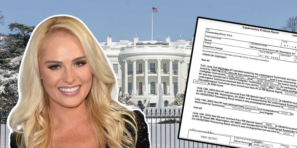 Tomi Lahren and hand holding phone with document in front of The White House