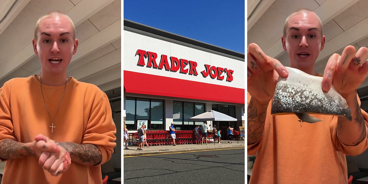 Trader Joe's customer speaking (l) Trader Joe's building with sign (c) Trader Joe's customer speaking holding salmon (r)