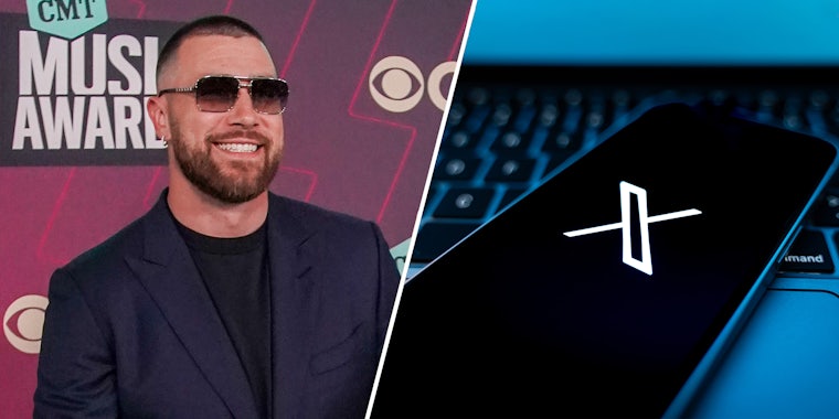Travis Kelce in front of magenta background (l) X app on phone on laptop keyboard (r)