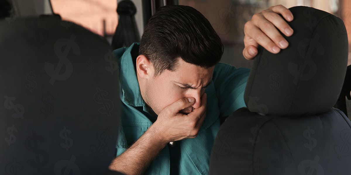 man sick in backseat of car with dollar symbol overlay